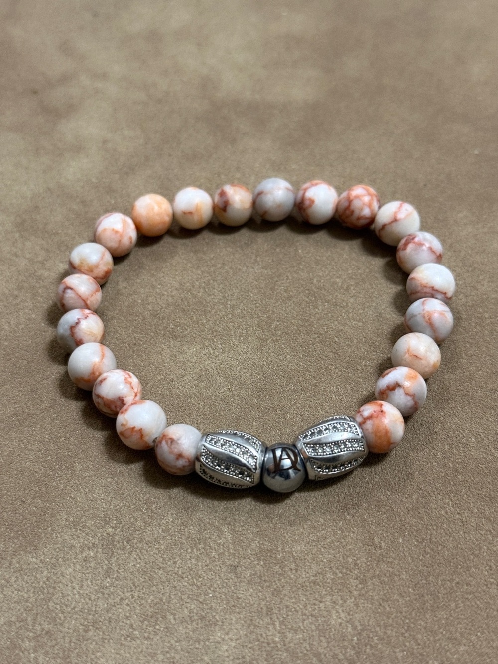 Marble-Patterned Pink-Beige Beaded Stretch Bracelet with Silver Pavé Accent